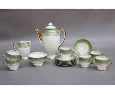 A Royal Doulton Coffee Set, pattern H4120, with green and gilt borders, comprising coffee pot, cream, sugar, and six coffee c