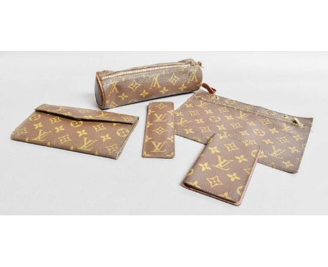 Louis Vuitton Monogrammed Items, including comb case, folding purse, pencil case, card case, zipped pocket (5)Purse has split