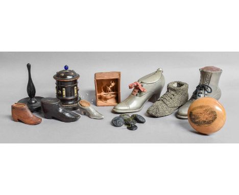 Collection of Sewing and Other Related Items, including pewter boot form pin cushion, similar money box, darning mushrooms, s