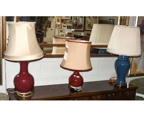 A Large Chinese Style Powder Blue Ground Table Lamps, of baluster form, together with two similar sang de boeuf examples (3)B