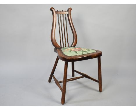 A Small Lyre Back Chair with Tapestry Pad Upholstery, 73cms High