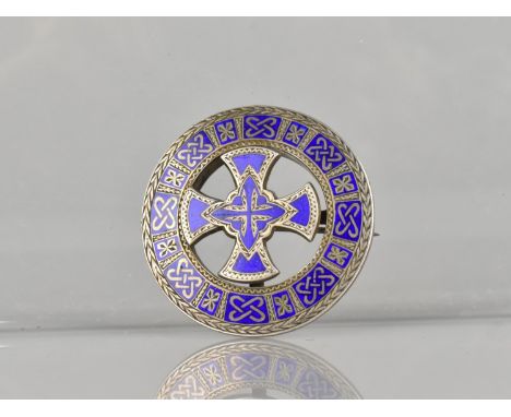 A Good Quality Silver and Blue Enamelled Gaelic Circular Brooch/Pin, Centre Celtic Cross with Inlaid Enamel Decoration Raised