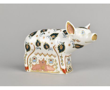 A Royal Crown Derby Pig Paperweight, Priscilla, Gold Button