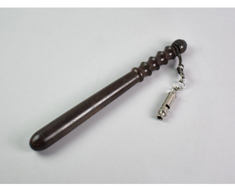 A Turned Wooden Truncheon together with an Acme City Whistle. Truncheon 39cms Long