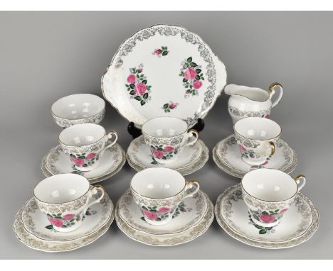A Rose Pattern Tea Set for Six to Comprise Six Cups, Six Saucers, Six Side Plates, Cake Plate Milk Jug and Sugar Bowl with Si