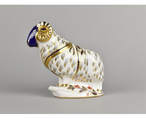 A Royal Crown Derby Paperweight, Ram, Silver Button, 14cm high