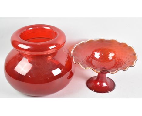 A Large Red Glass Planter, 29cms Diameter and a Red Amber Glass Footed Bowl, 27cms Diameter