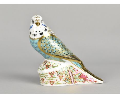 A Limited Edition Royal Crown Derby Paperweight, Sky Blue Budgerigar, Gold Button