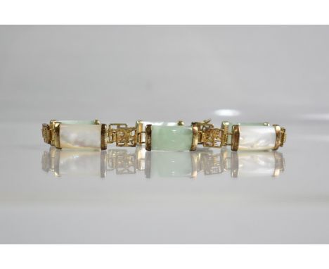 A Mother of Pearl and Jade Style Stone Panel Bracelet having Chinese Characters, Push Clasp Stamped 18K GP, 18cms Long