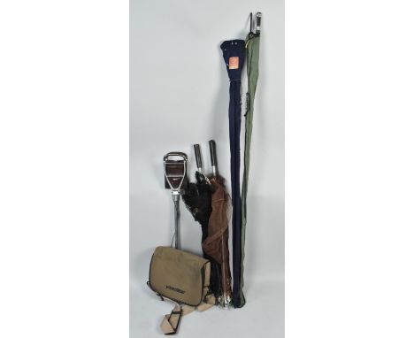 A Collection of Angling Items to include Shakespeare 9' Rod, Quick Silver 10' Rod, Two Extending Landing Nets, One Alloy Seat