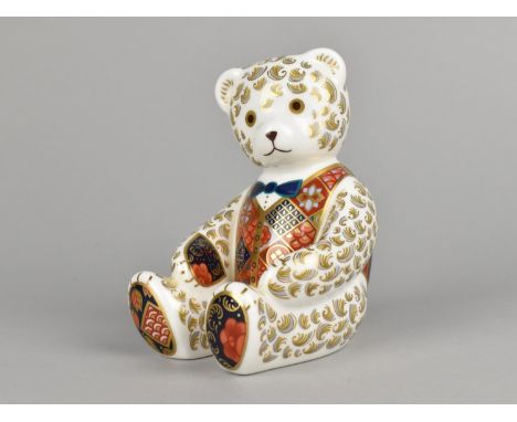 A Royal Crown Derby Paperweight, Seated Bear, Silver Button