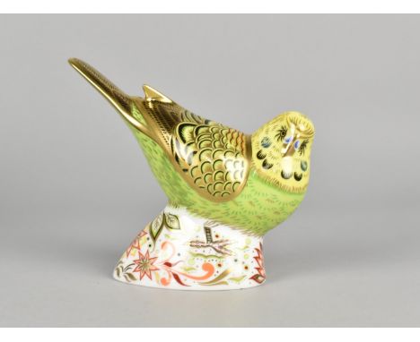 A Limited Edition Royal Crown Derby Paperweight, Green Budgerigar, Gold Button