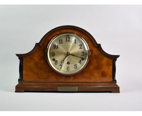 A Mid 20th Century Large Burr Walnut Westminster/Whittington Chime Mantel Clock with Key, Working Order, 38cms Wide