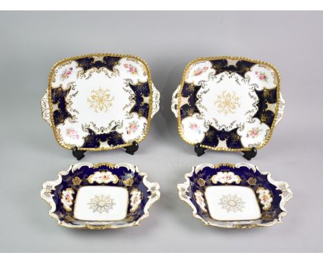 A Collection of Two Pairs of Coalport Cobalt Blue Batwing Bread and Butter Plates, Larger 26cms Wide