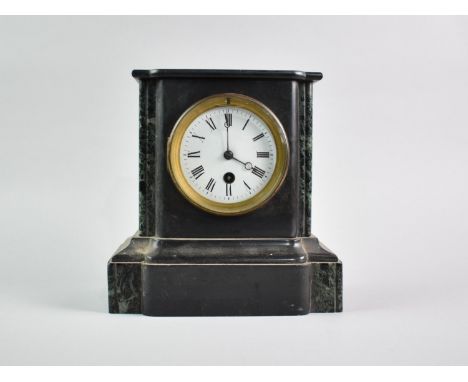 A French Black Slate and Marble Mantel Clock of Architectural Form, 22cms Wide