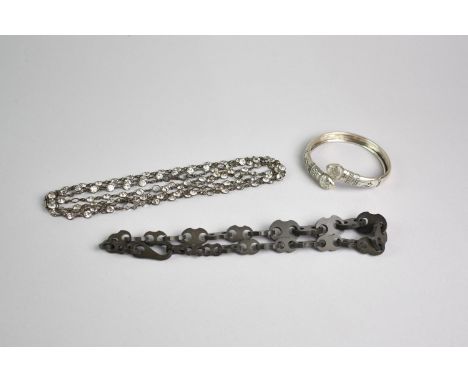 A Collection of Victorian Jewellery to include Jet Link Necklace, White Metal Cuff/Bangle in the Etruscan Style and a Steel R