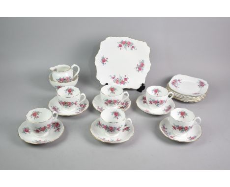 A Roslyn Floral Decorated Tea Set for Six to Comprise Cups, Saucers, Side Plates, Cake Plate, Milk Jug and Sugar Bowl