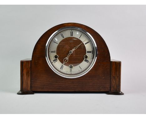 An Art Deco Oak Cased Westminster Chime Mantel Clock by Smiths, With Key and Working Order