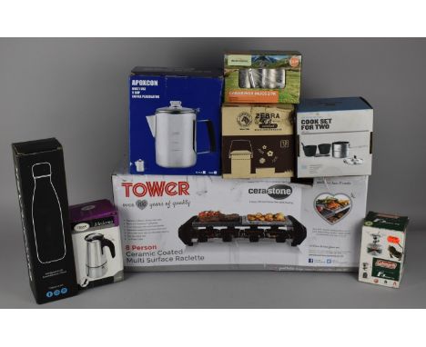 A Collection of Various Boxed Camping Gear to Include 8 Person Raclette, Coffee Percolator etc