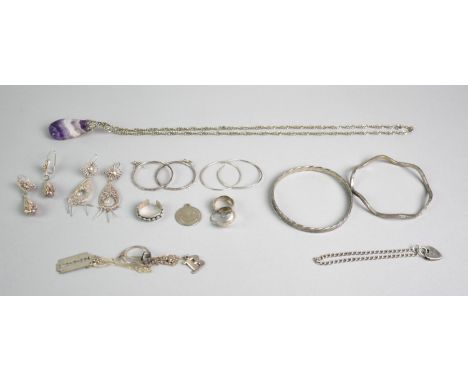 A Collection of Silver and Silver Plated Items to include two Pairs of Filigree Earrings, Silver and Marcasite Mounted Ring, 