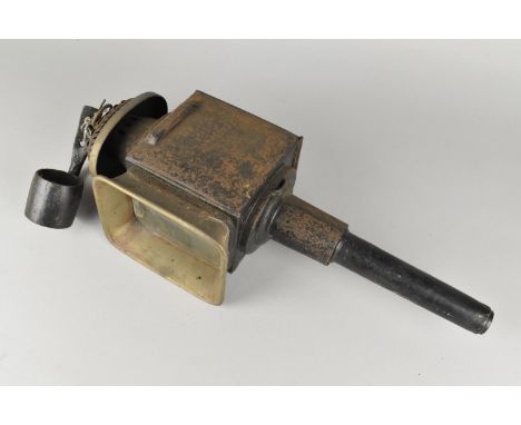 A Late 19th Century Brass Mounted Trap Lamp, One Glass Panel Cracked, 50cms High