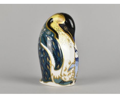 A Royal Crown Derby Paperweight, Penguin and Chick, Gold Button