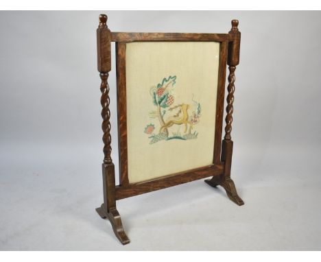 A Mid 20th Century Oak Framed Tapestry Fire Screen with Barley Twist Supports, 59cms Wide