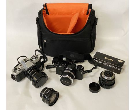 OLYMPUS OM4 CAMERA, MINOLTA X300 CAMERA &amp; 2 LENSES IN CAMERA BAG