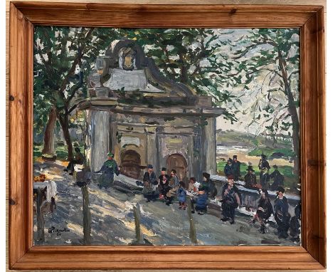 ERNST PICKARDT (1876-1931) OIL ON CANVAS ''FIGURES BY ROADSIDE'' SIGNED 66CM X 78CM - VERY GOOD CONDITION