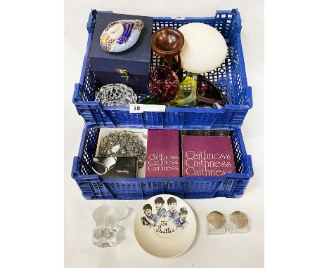 TWO TRAYS OF INTERESTING ITEMS INC. ROYAL CROWN DERBY DUCK, CAITHNESS GLASS &amp; OTHER ITEMS