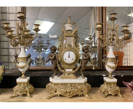 BREVETTATO IMPERIAL CHERUB BRASS &amp; MARBLE CARRIAGE CLOCK  61CMS (H) WITH GARNIATURE