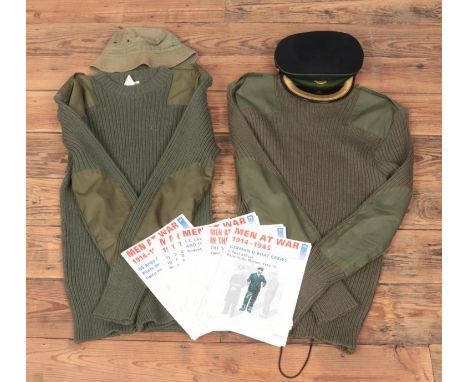 Two army jumper pull overs with RADC cap, army bucket hat and several editions of men at war magazine.  