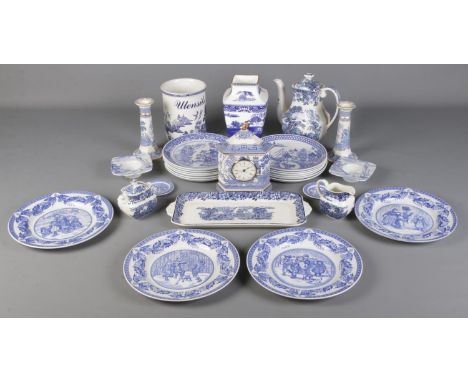 A quantity of blue &amp; white ceramics. Includes Wedgwood clock, Spode Victorian Children Plate Collection, teapot, etc.  