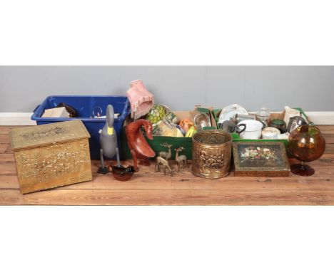 Three boxes of miscellaneous. Includes brass log box, wooden ducks, animal figures, solar snail light, thimbles with display 