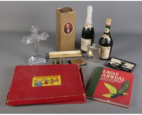 A quantity of collectables. Includes pair of silver napkin rings, cased silver spoon, glass cross, Meccano set, sealed alcoho