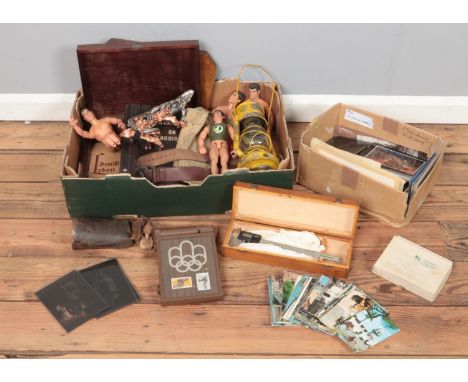 A box of assorted items, to include Acme Boy Scouts whistle, stamp collection, Action Men figures, 'Waste Nowt Want Nowt' boa