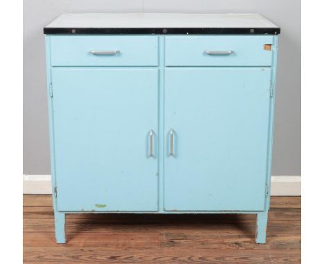 A vintage kitchen unit with enamel top and two drawers over two doors. Hx87cmWx87cmDx53cm  