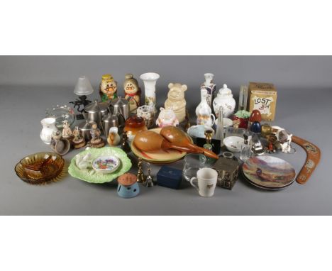 one box of mixed collectables including Winnie the pooh jar, ceramic vases, perfume bottles, maracas, metal tea pots and more