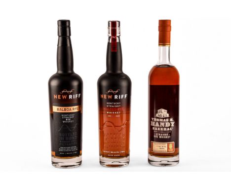 A bottle of Thomas H. Sazerac straight rye whiskey, limited edition, 62.85% volume, 125.6 proof, 750 ml, a bottle of New Riff