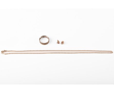 A 9ct yellow gold band set with eighteen small eight cut diamonds, hallmarked for Birmingham, a 9ct yellow gold fine trace ch