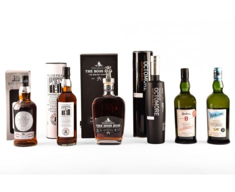 A group of assorted whiskey, including a boxed bottle of Whistlepig, The Boss Hog, The Samurai Scientist, sixth edition, 61 %