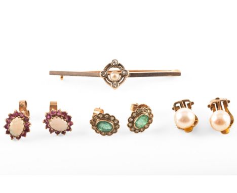 A mixed metal diamond and seed pearl bar brooch, together with a pair of 9ct yellow emerald and diamond floral cluster stud e