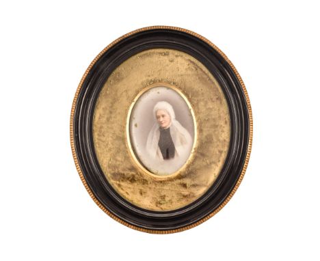 Friedrich Till (German, 19th Century) 'Study of Lady in Lace Bonnet',&nbsp;hand-enamelled portrait miniature on porcelain, 16