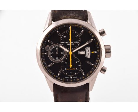 A Raymond Weil Freelancer D stainless steel wristwatch, the black dial with baton hour markers, luminous tapered baton hands,