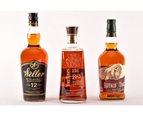 A group of assorted bouron whiskey, including a bottle of 2013 Four Roses single barrel limited edition barrel strength Kentu