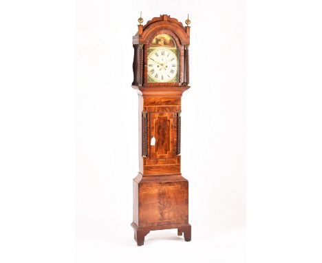 An eight day George III mahogany long case clock by Kern &amp; Co, Swansea, the painted arched dial with seconds sub dial and