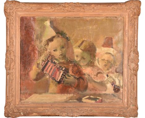 Raymond Kanelba (Polish, 1897-1960) A large painting depicting three young children playing various instruments and wearing n