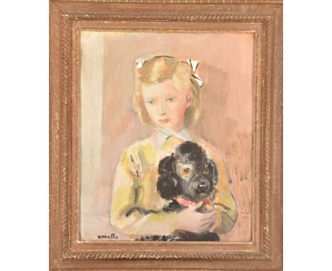 Raymond Kanelba (Polish, 1897-1960) A portrait of a young girl holding a small black dog on her knee, watercolour and gouache