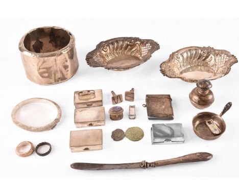 A collection of silver items, including three silver pill boxes, a vesta case, a salt shaker, cufflinks, bon bon dish, two co