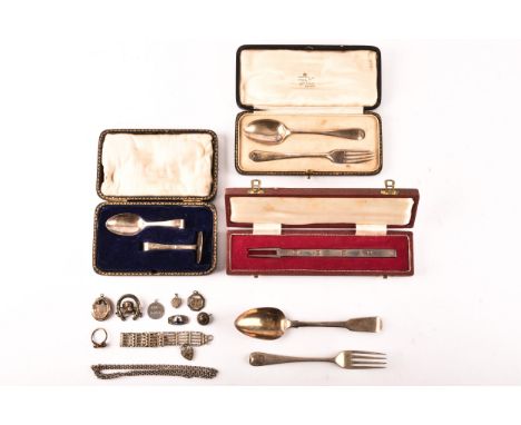 A collection of silver items, including a George V silver spoon and pusher, with personalised engraving, hallmarked for Sheff
